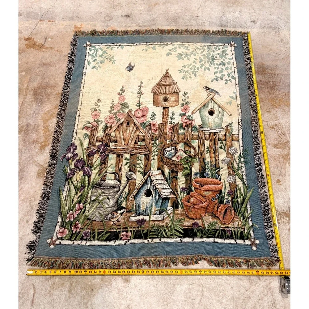 Vintage Birdhouse Garden Woven Throw Blanket Tapestry Afghan 53x69 Cotton USA